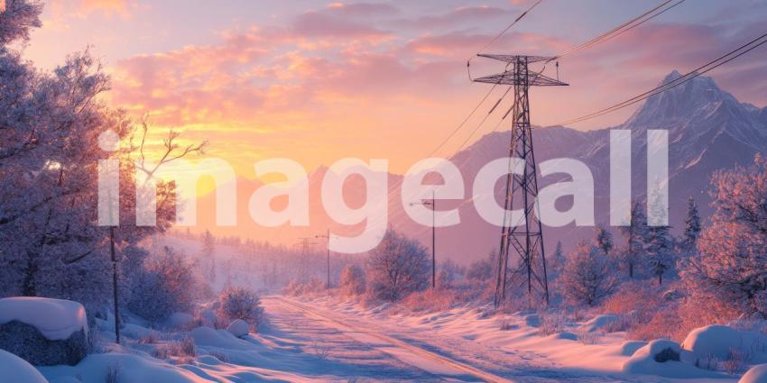 Where Power Lines Trace a Path Through a Crimson Sky, a Winter Landscape Awaits