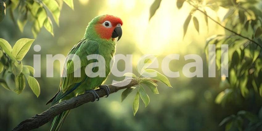 A Sun-Kissed Vision: A Green Parrot Perched in the Golden Light
