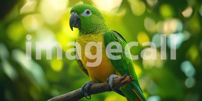 A Sun-Kissed Vision: A Green Parrot Perched in the Golden Light