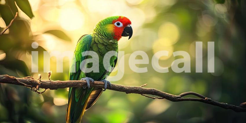 A Sun-Kissed Vision: A Green Parrot Perched in the Golden Light