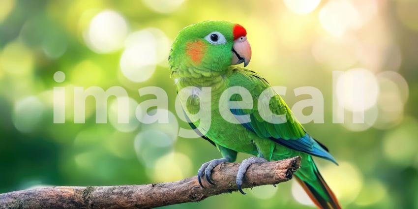 A Sun-Kissed Vision: A Green Parrot Perched in the Golden Light