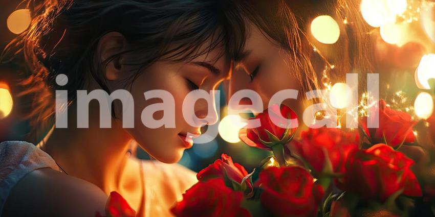 Romantic Moment with Red Roses and Bokeh Lights