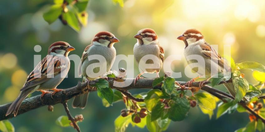 Feathered Friends: A group of sparrows perches on a branch, bathed in the warm glow of the morning sun, creating a scene of tranquil beauty