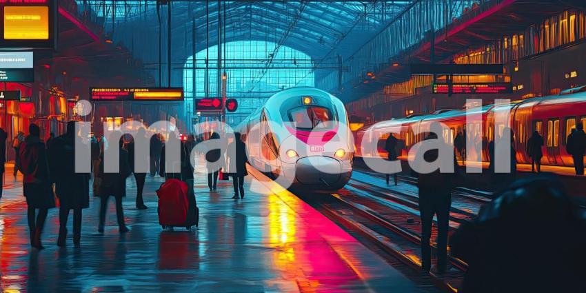 High-Speed Train at Bustling Modern Train Station