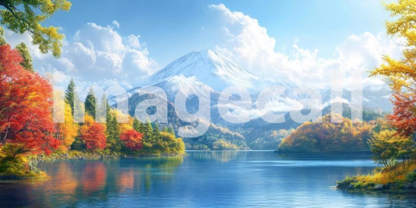 A picturesque landscape featuring a serene lake reflecting a vibrant mountain range, adorned with trees in full bloom of spring, summer, and autumn