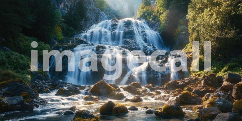 A Majestic Waterfall Cascades Over Mossy Rocks, Bathed in Sunlight, Creating a Breathtaking Natural Scene.