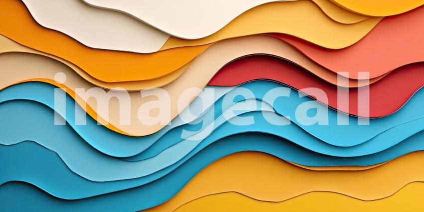 Layered Landscape: A Dynamic Abstract of Interlocking Waves in Vibrant Hues of Blue, Yellow, and Red