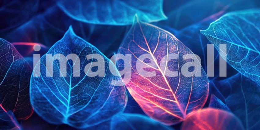 Tropical Tapestry: A Vibrant Collage of Vividly Colored Leaves in Shades of Pink, Blue, and Teal