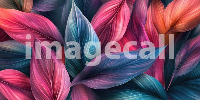 Tropical Tapestry: A Vibrant Collage of Vividly Colored Leaves in Shades of Pink, Blue, and Teal