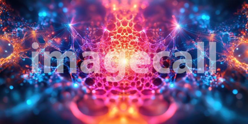 Cosmic Tapestry: A Fractal Network of Light, Where Vibrant Hues of Blue, Pink, and Orange Intertwine and Dance