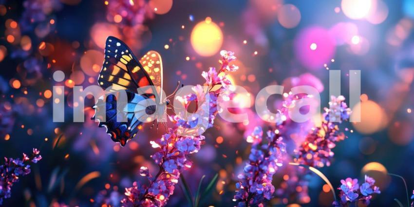 Enchanted Flutter: A Vibrant Butterfly with Wings Aglow, Dancing Amidst a Field of Luminous Flowers Under a Starry Sky