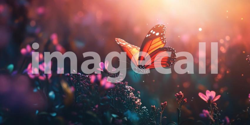 Enchanted Flutter: A Vibrant Butterfly with Wings Aglow, Dancing Amidst a Field of Luminous Flowers Under a Starry Sky