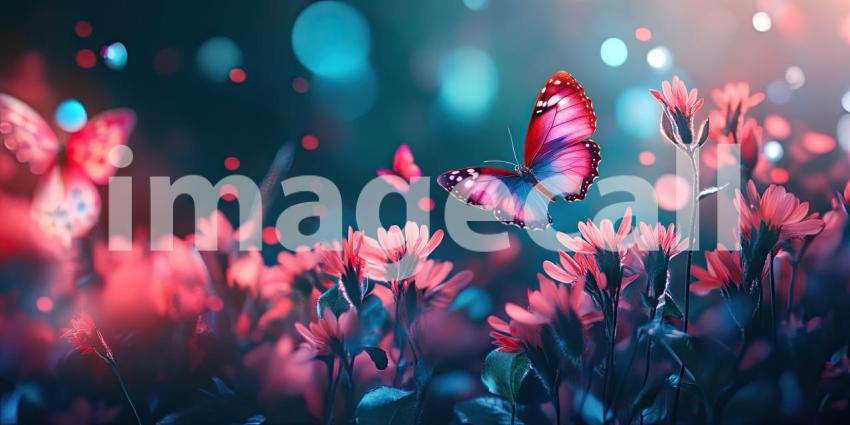 Enchanted Flutter: A Vibrant Butterfly with Wings Aglow, Dancing Amidst a Field of Luminous Flowers Under a Starry Sky