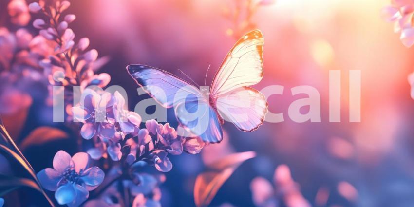 Enchanted Flutter: A Vibrant Butterfly with Wings Aglow, Dancing Amidst a Field of Luminous Flowers Under a Starry Sky
