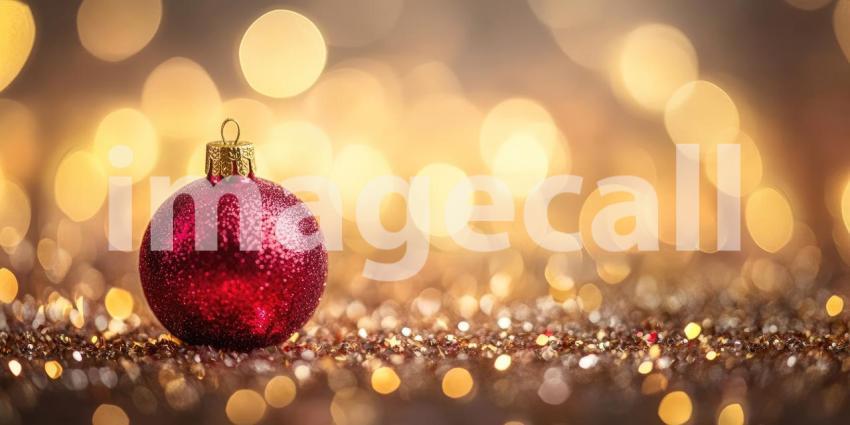 Festive Sparkle: A Shiny Red Christmas Ornament Glistens Amidst a Bed of Glitter and Warm Holiday Lights