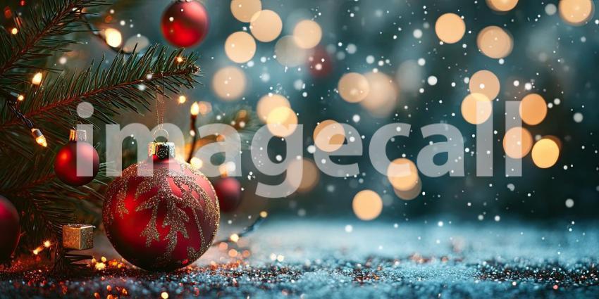 Festive Sparkle: A Shiny Red Christmas Ornament Glistens Amidst a Bed of Glitter and Warm Holiday Lights