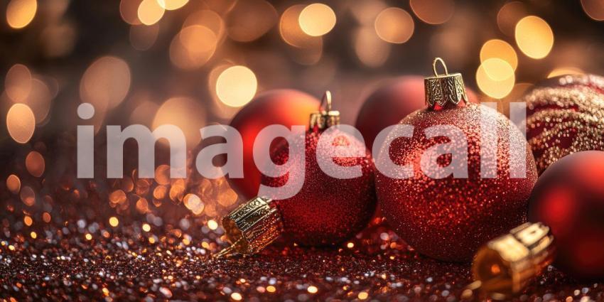 Festive Sparkle: A Shiny Red Christmas Ornament Glistens Amidst a Bed of Glitter and Warm Holiday Lights