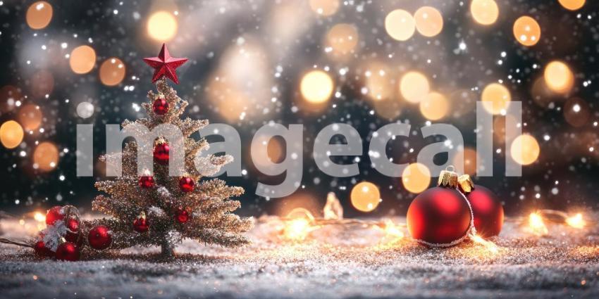 Festive Sparkle: A Shiny Red Christmas Ornament Glistens Amidst a Bed of Glitter and Warm Holiday Lights