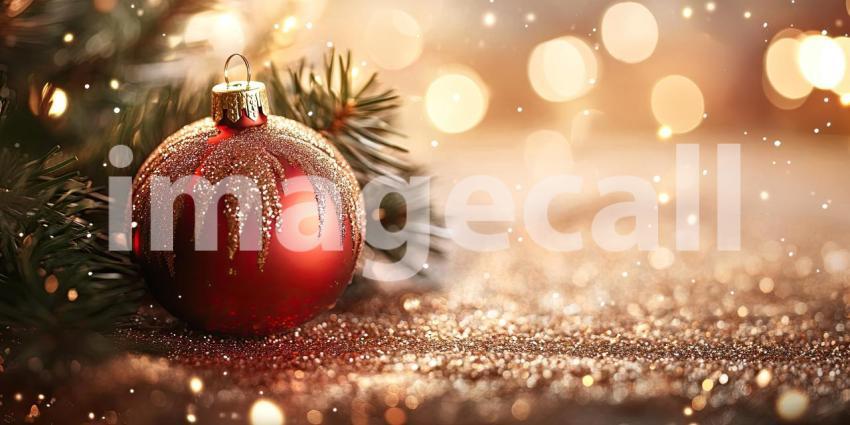 Festive Sparkle: A Shiny Red Christmas Ornament Glistens Amidst a Bed of Glitter and Warm Holiday Lights