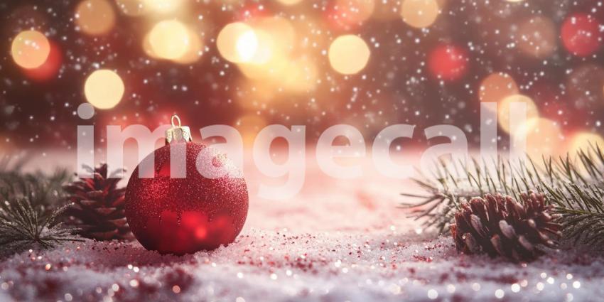 Festive Sparkle: A Shiny Red Christmas Ornament Glistens Amidst a Bed of Glitter and Warm Holiday Lights