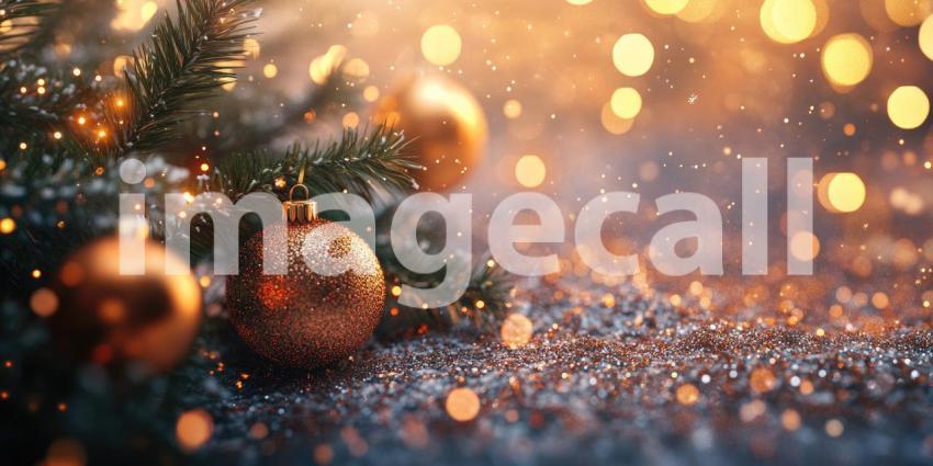 Festive Sparkle: A Shiny Red Christmas Ornament Glistens Amidst a Bed of Glitter and Warm Holiday Lights