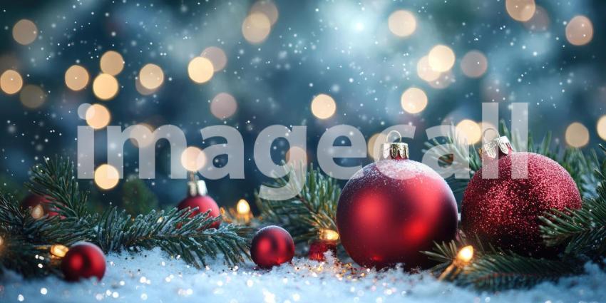 Festive Sparkle: A Shiny Red Christmas Ornament Glistens Amidst a Bed of Glitter and Warm Holiday Lights