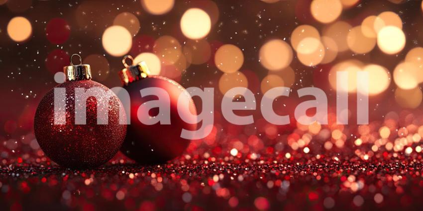 Festive Sparkle: A Shiny Red Christmas Ornament Glistens Amidst a Bed of Glitter and Warm Holiday Lights