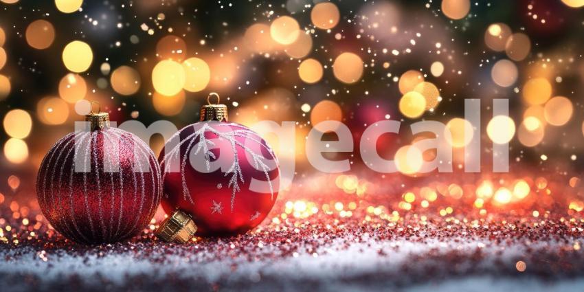 Festive Sparkle: A Shiny Red Christmas Ornament Glistens Amidst a Bed of Glitter and Warm Holiday Lights