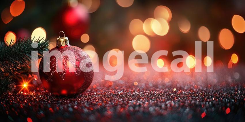 Festive Sparkle: A Shiny Red Christmas Ornament Glistens Amidst a Bed of Glitter and Warm Holiday Lights