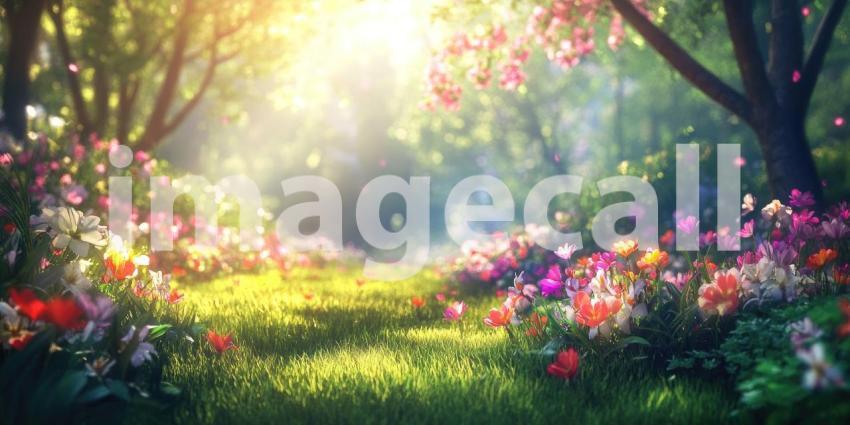 Enchanting Eden: A Path of Blossoms Winds Through a Sun-Drenched Forest, Bathed in Warm Light