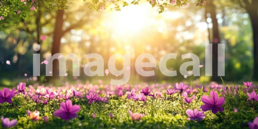 Enchanting Eden: A Path of Blossoms Winds Through a Sun-Drenched Forest, Bathed in Warm Light