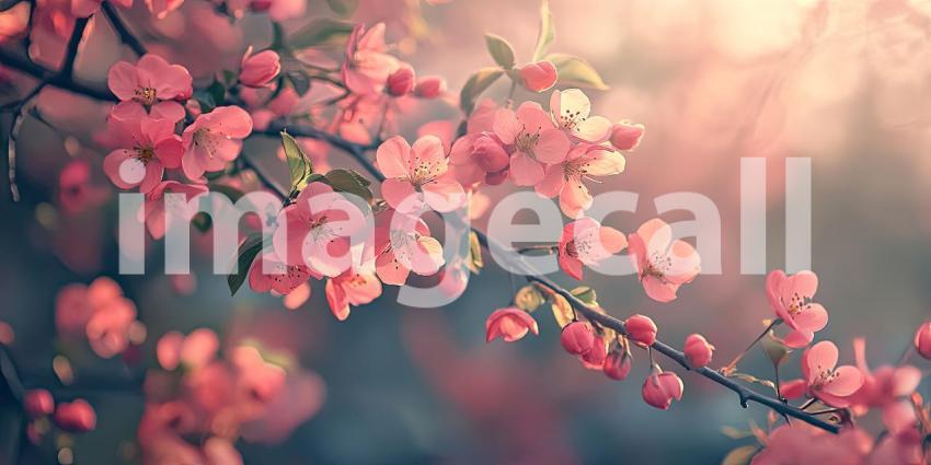 Enchanting Eden: A Path of Blossoms Winds Through a Sun-Drenched Forest, Bathed in Warm Light