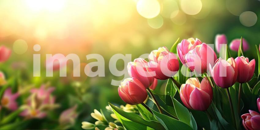 Enchanting Eden: A Path of Blossoms Winds Through a Sun-Drenched Forest, Bathed in Warm Light