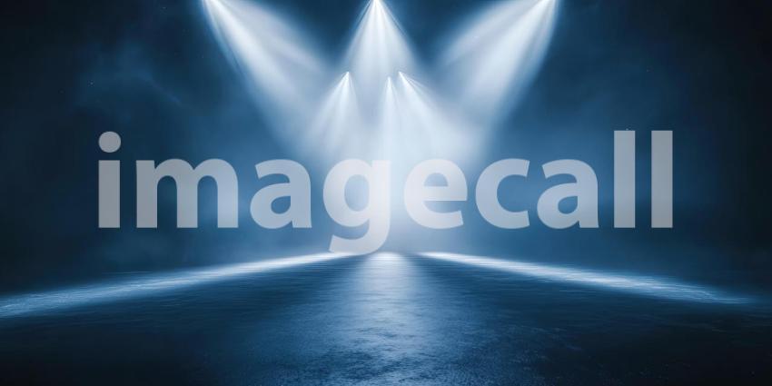 Spotlight on Stage: A Mystical Scene of Blue Smoke Illuminated by a Cluster of Bright Stage Lights