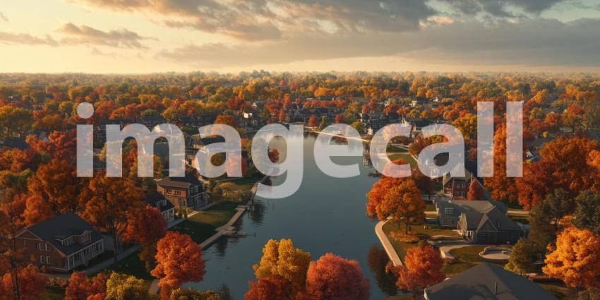 Autumnal Haven: A Serene Neighborhood Bathed in Warm Sunset Hues, with Homes Nestled Amongst Vibrant Fall Foliage and a Tranquil Lake