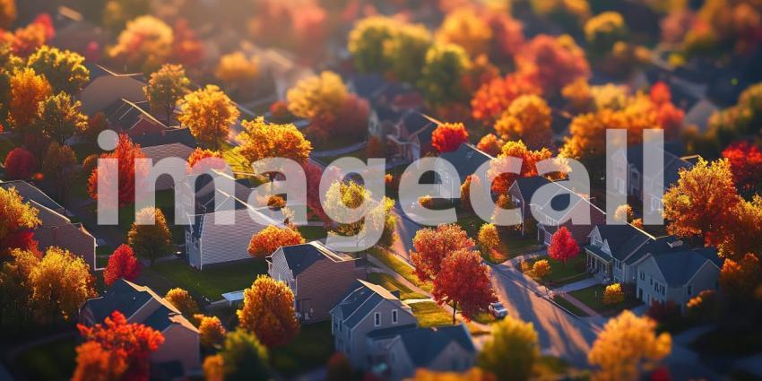 Autumnal Haven: A Serene Neighborhood Bathed in Warm Sunset Hues, with Homes Nestled Amongst Vibrant Fall Foliage and a Tranquil Lake