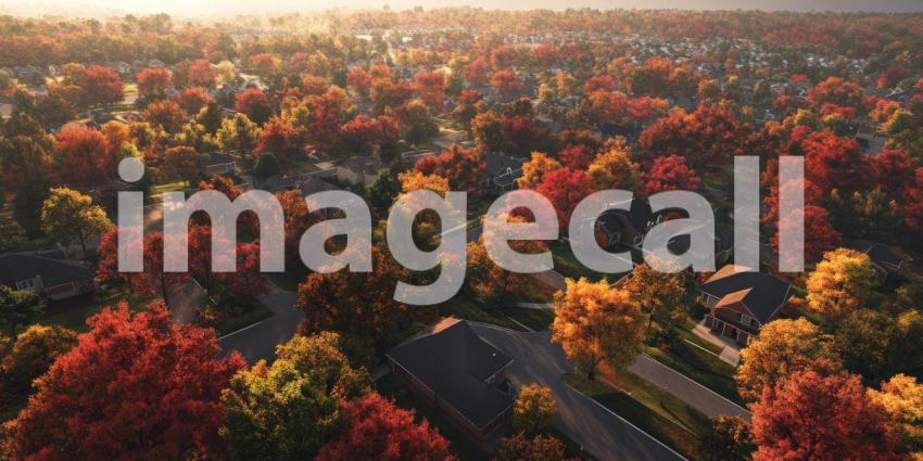 Autumnal Haven: A Serene Neighborhood Bathed in Warm Sunset Hues, with Homes Nestled Amongst Vibrant Fall Foliage and a Tranquil Lake