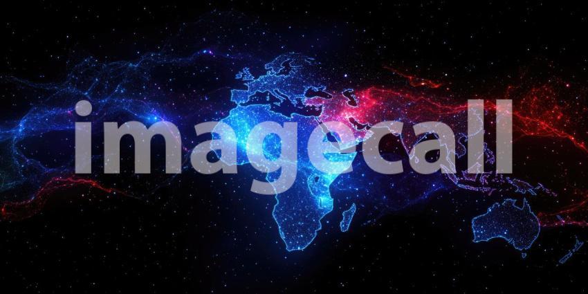 Interconnected World: A Digital Map of the Globe, Illuminated by a Network of Blue and Red Connections