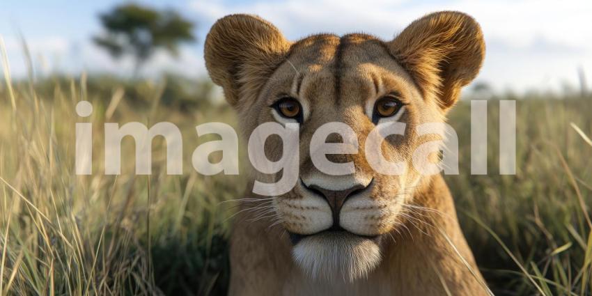 Golden Gaze: A Majestic Lion Stands Tall in the African Savanna, Bathed in the Warm Glow of Sunset