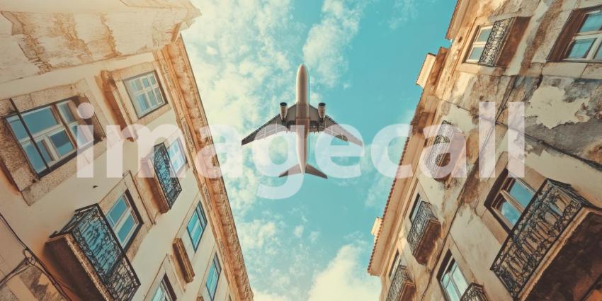 Touchdown in the Twilight: A Plane Descends Over a City Skyline as the Sun Paints the Horizon with Warm Hues