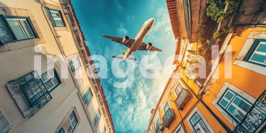 Touchdown in the Twilight: A Plane Descends Over a City Skyline as the Sun Paints the Horizon with Warm Hues