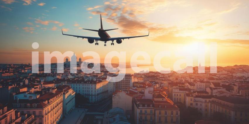 Touchdown in the Twilight: A Plane Descends Over a City Skyline as the Sun Paints the Horizon with Warm Hues