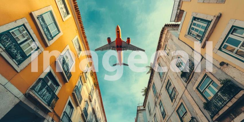 Touchdown in the Twilight: A Plane Descends Over a City Skyline as the Sun Paints the Horizon with Warm Hues