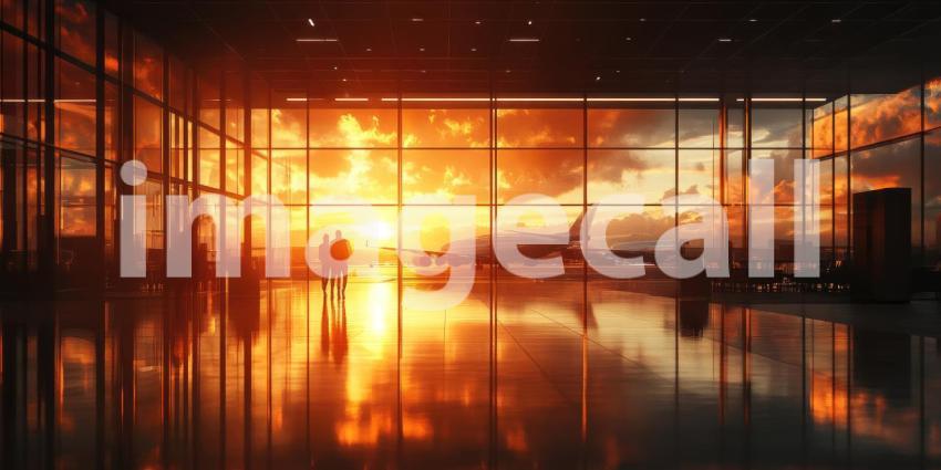 Departure Horizon: A Couple Gazes at a Plane Silhouetted Against a Fiery Sunset, Anticipating their Journey