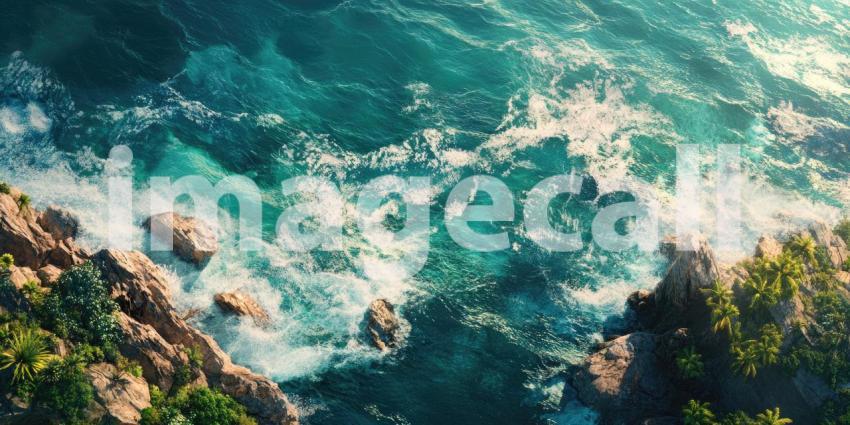 Oceans Embrace: A Tropical Paradise Where Turquoise Waters Crash Against Rugged Cliffs, Surrounded by Lush Vegetation