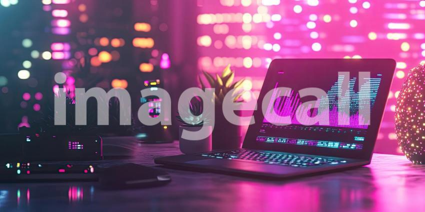 Neon Nights: A Hacker's Workstation, Bathed in a Glow of Pink and Purple, with Data Streams Dancing Across the Screen