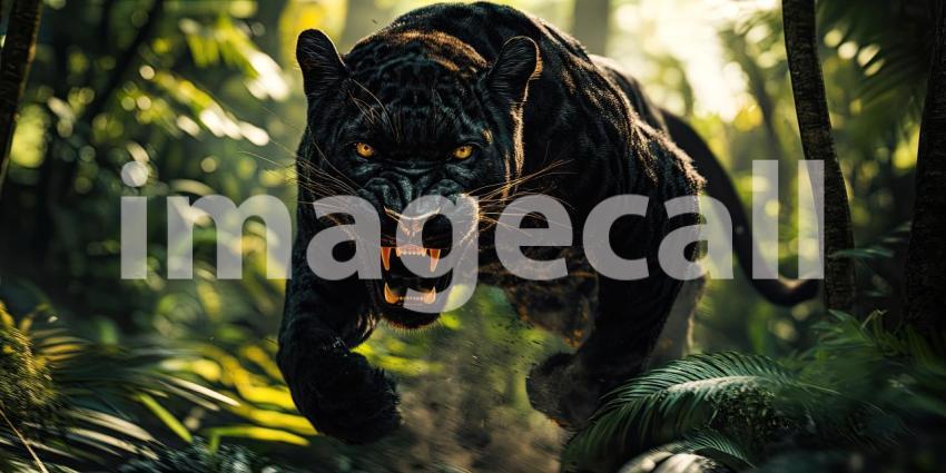 Horror Black Leopard Running in The Jungle as Angry
