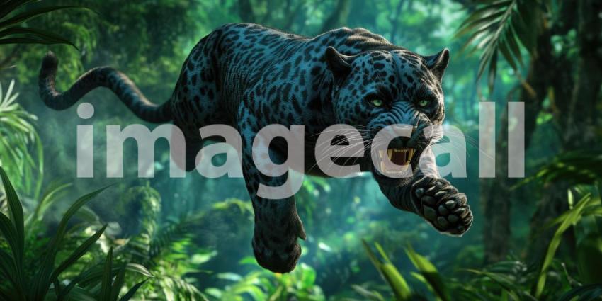 Horror Black Leopard Running in The Jungle as Angry