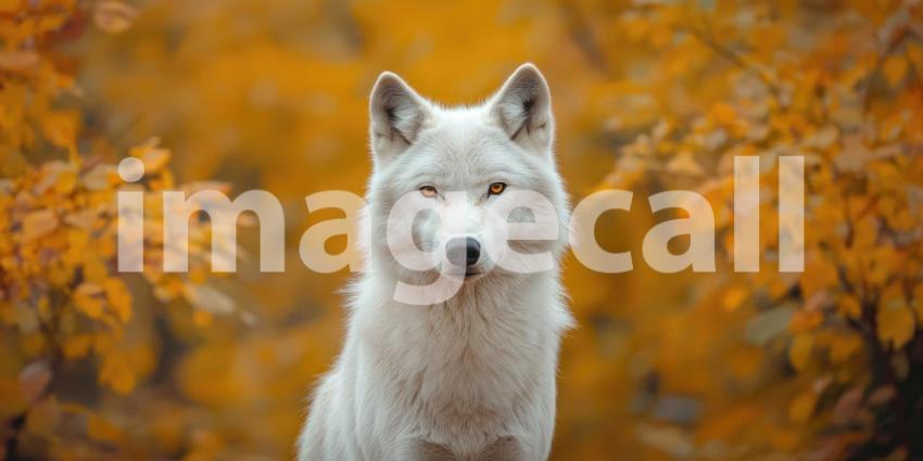 Winters Watchdog: A Majestic White Wolf Stands Vigilant Amidst a Canopy of Autumnal Gold