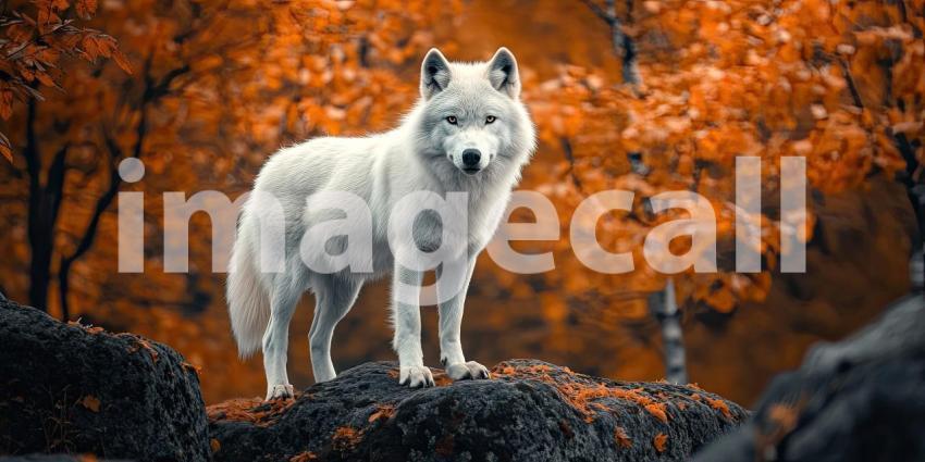 Winters Watchdog: A Majestic White Wolf Stands Vigilant Amidst a Canopy of Autumnal Gold